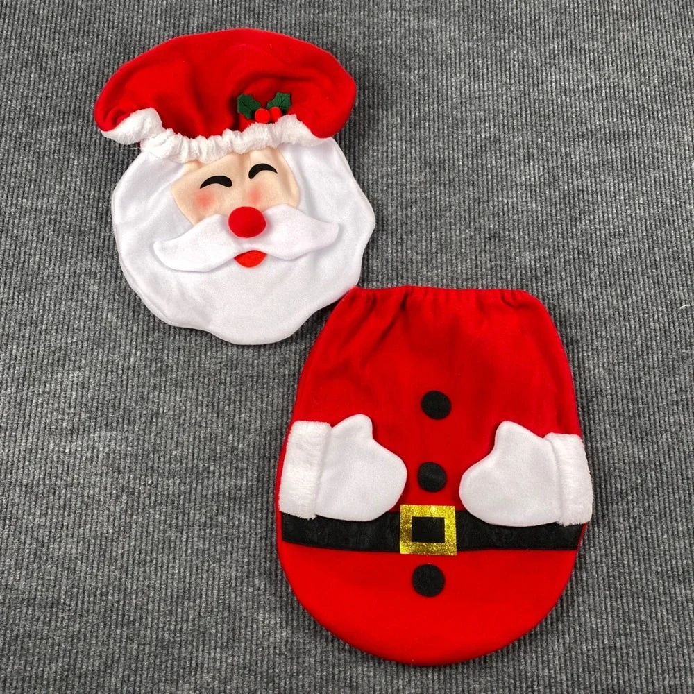 Santa Claus Christmas Toilet Seat and Tank Cover Set Red Holiday Bathroom Decor
